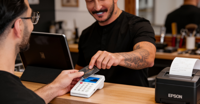 Barber übergibt lachend eine Visitenkarte, am Tresen Tablet, Bondrucker und myPOS Go