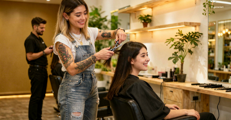 Friseurin schneidet einer Kundin vor dem Spiegel die langen Haare